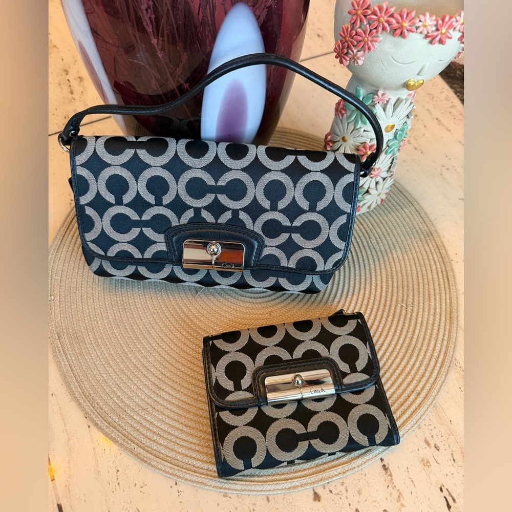 Coach Kristen Black and Gray Signature Canvas Shoulder Bag with Matching Wallet